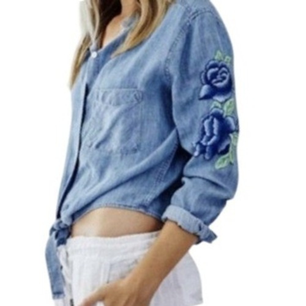 RAILS Womens XS Val Vintage Floral Patch Chambray Button Down Front Shirt